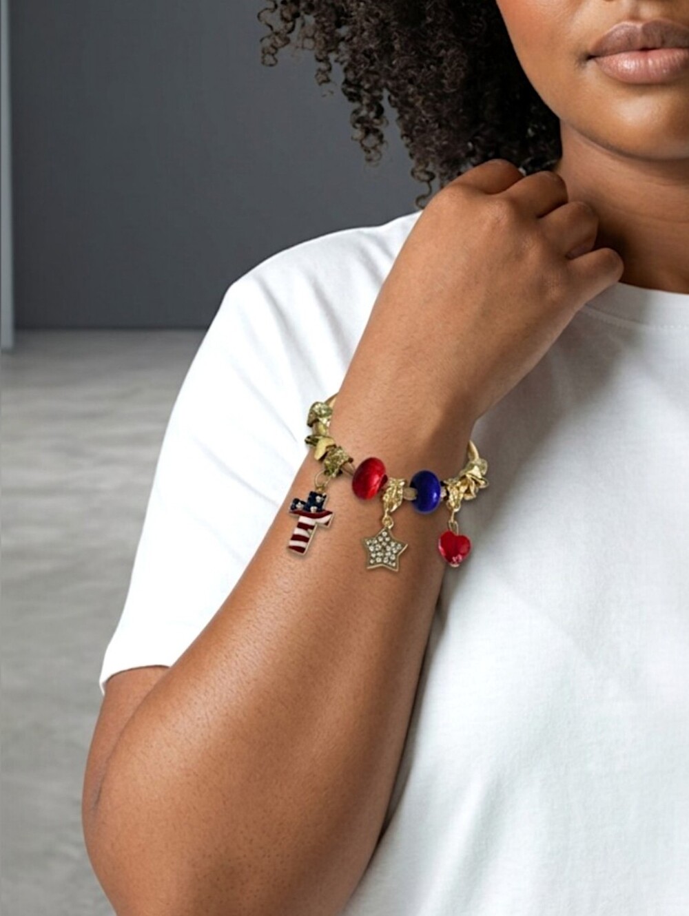 Gold Charm Bracelet with Patriotic Cross, Heart & Star